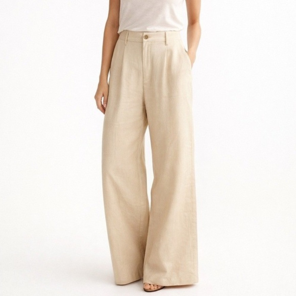 One5One Lily High Rise Wide Leg Pleated Linen Blend Pants Beige XL NWT